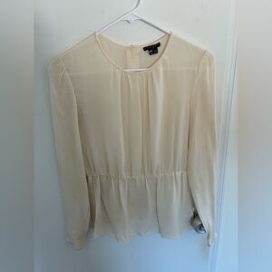 Theory 100% silk long sleeve ivory cream blouse top plum pleated button back
